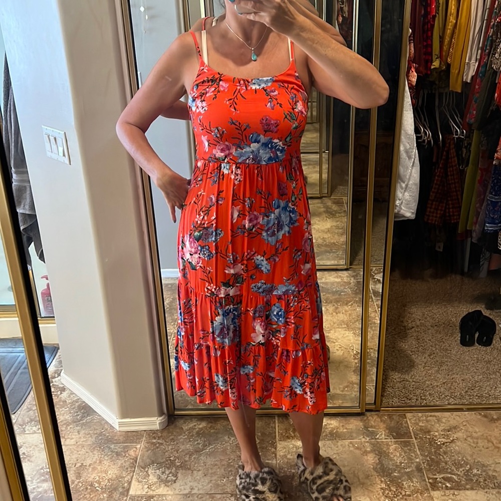 Red floral midi dress